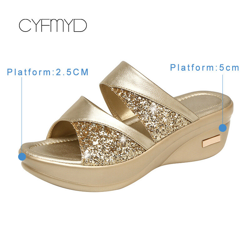 Sandálias plataforma glitter para mulheres, sapatos de festa, cunhas femininas, confortáveis, douradas, luxo, verão, tamanho grande 43, 43