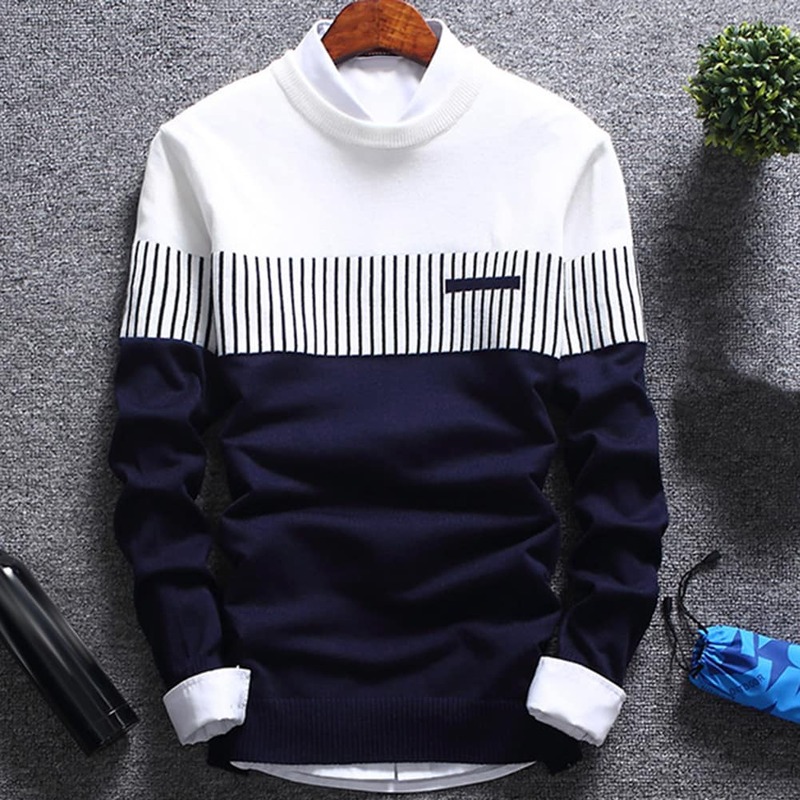 Модный мужской свитер в полоску, пуловер в стиле колор блок, с круглым вырезом и длинными рукавами, вязаный свитер, кофта, Теплая мужская одежда