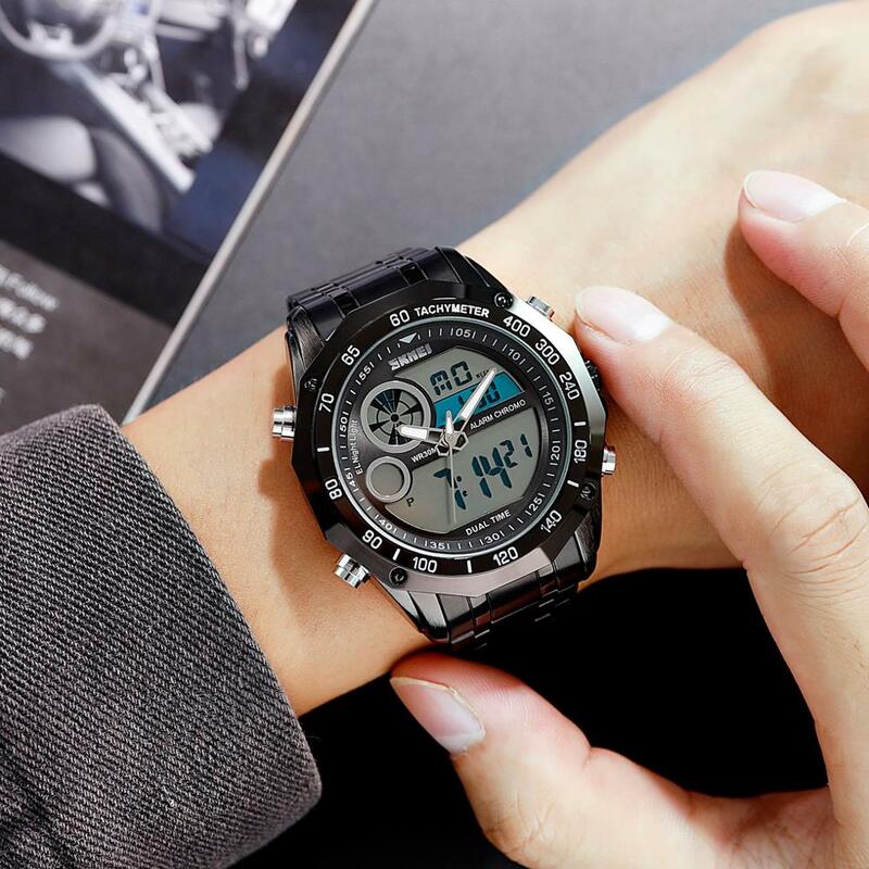 SKMEI podwójny wyświetlacz mężczyźni zegarki cyfrowe podświetlane wskazówki wodoodporne zegarki sportowe dla człowieka ze stali stalowy pasek reloj hombre 1494