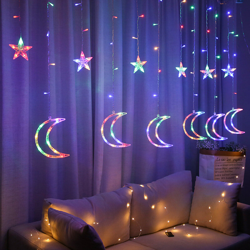 Led luzes da cortina de fadas guirlanda luz da corda estrela lua forma ue/eua plug natal quarto sala estar cortina decoração luz