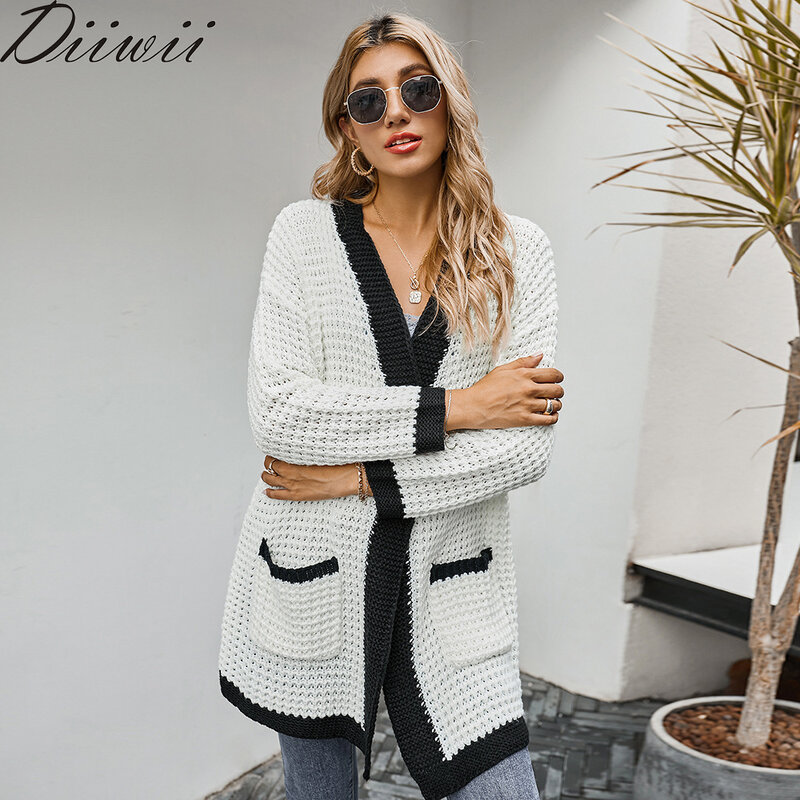 Diiwii fashion Women Open Stitching Cardigan Sweater With Pockets Long Sleeve Knitted Sweaters Coat Elegant Winter Warm
