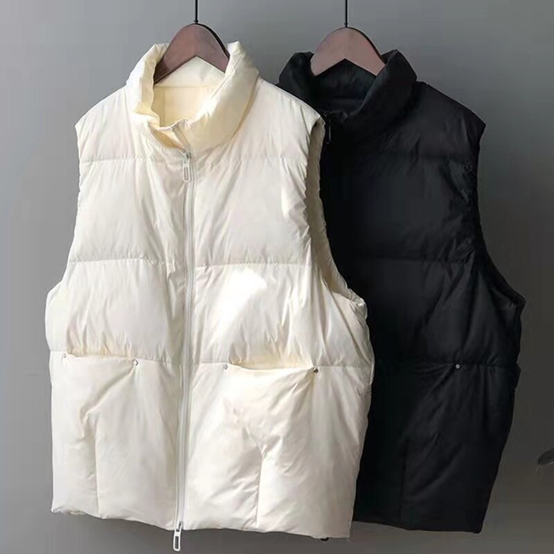 Puffer Jacket Zipper Down Vest Female Jacket Stand-up Collar Warm Coat Pocket New Autumn Winter Solid Ladies Fashion Snow Coats