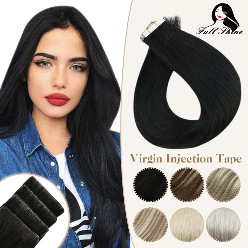 Full Shine Invisible Seamless Injection Virgin Tape in Human Hair Extensions, Pure Whitest Blonde, Document Real Tape Extensions
