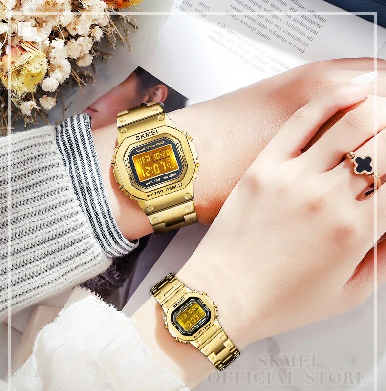 Skmei-男性と女性のためのカップルのデジタル時計,ステンレス鋼のブレスレット,耐水性,スポーツ