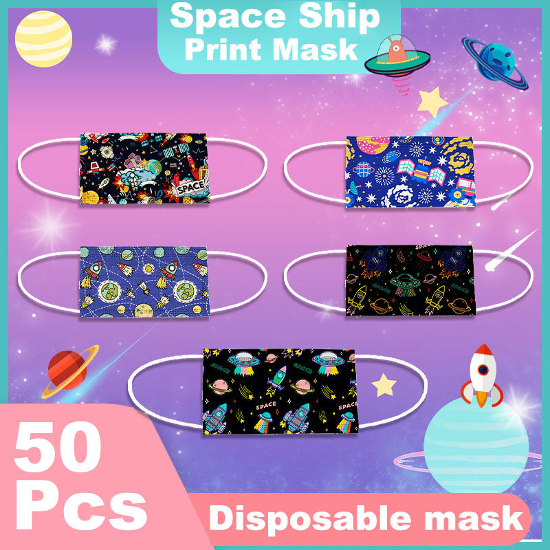 Mascarilla facial con estampado de nave espacial para niños y adultos, Máscara protectora de 3 capas, a prueba de polvo, a la moda, 10/50 Uds.