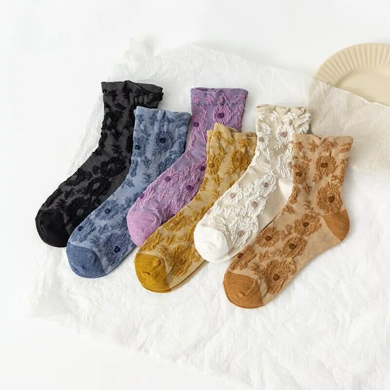 Flor do vintage mulheres meias de algodão japonês estilo universitário bonito mulheres meias inverno outono arte casual meninas meias chaussette femme