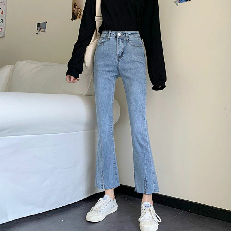Jeans Suar Berbelahan Pinggang Tinggi Musim Semi Musim Panas untuk Wanita Celana Denim Panjang Pergelangan Kaki Ramping Elastis Celana Panjang Streetwear Kasual Wanita
