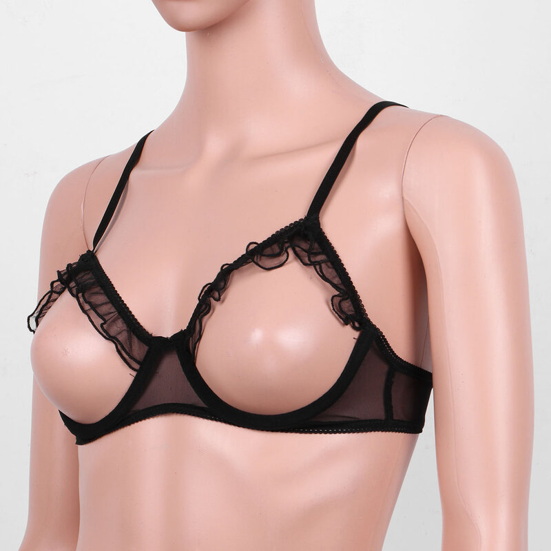 Womens Open Cup Bras See Through Mesh Sexy Lingerie Adjustable Straps Bare Breast Ruffles Push Up Underwired Erotic Bra Tops
