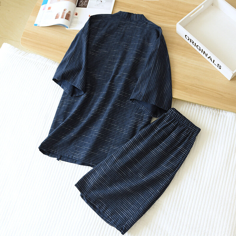 Mens Cotton ชุดนอนญี่ปุ่นกิโมโน Yukata ชุดเสื้อสเวตเตอร์ถักชุดนอนแขนสั้นฤดูร้อนหลวม Yukata ชุดนอนแฟชั่นชุดนอน2022