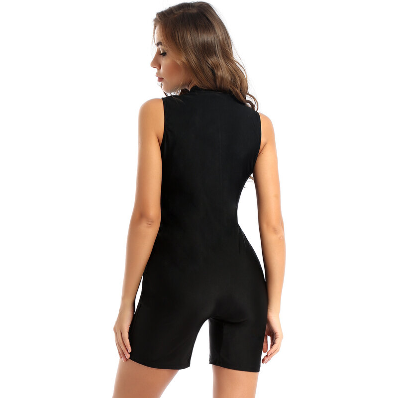 Women One-piece Swimsuit Sleeveless Crew Neck Front Zipper Rompers Splicing Color Bodysuit Jumpsuit Athletic Bathing Suit