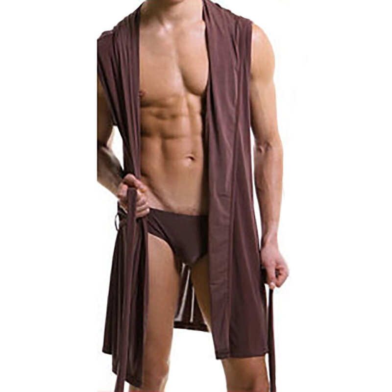 Vestido de verano para Hombre, bata de baño Sexy, Pijama sin mangas con capucha, Kimono informal, camisón de Color sólido
