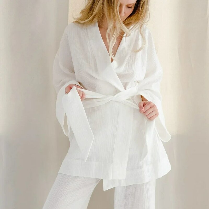 NHKDSASA Kimono Pijamas 2023 Novo 100% Algodão Crepe Calças de Manga Comprida Senhoras Terno Pijamas Mulheres Home Serviço Mujer