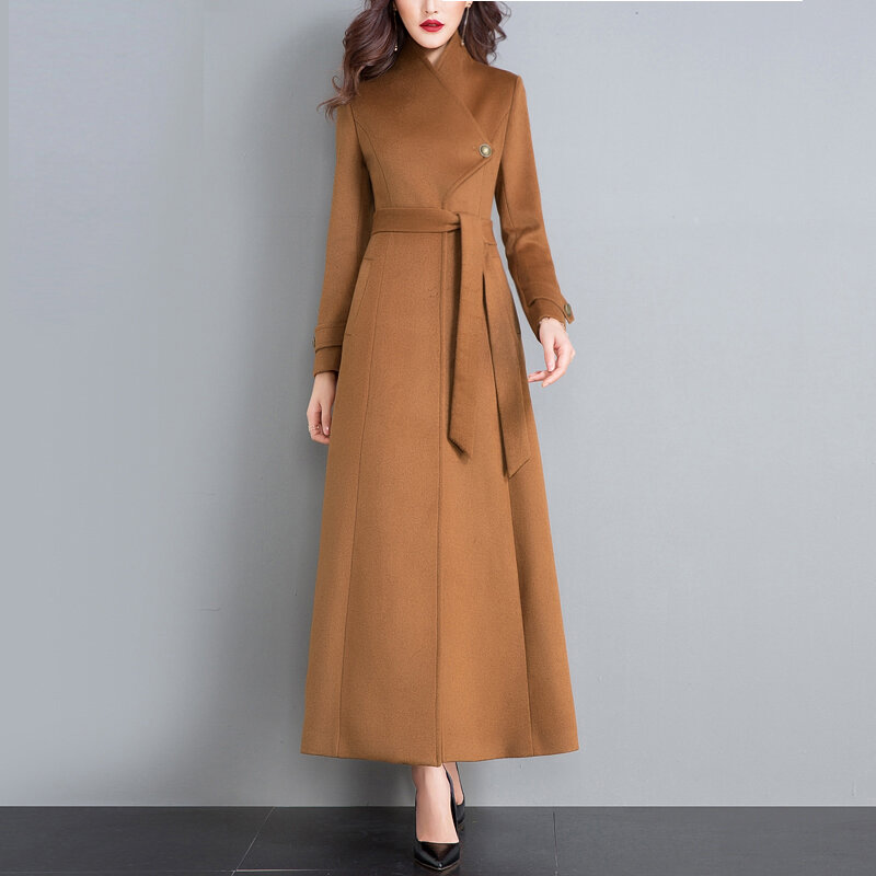 Elegante casaco longo de lã feminino com cinto, jaqueta monocromática, manga comprida, casaco vintage para escritório, sobretudo de ombro feminino, 2021