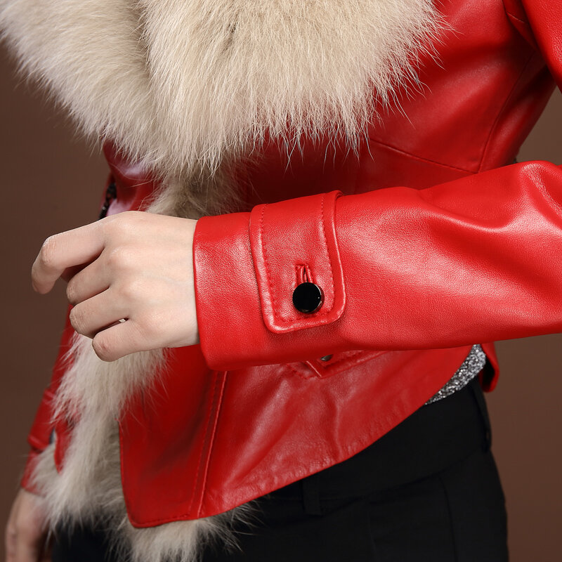 Natürliche Schaffell Mantel Weibliche Winter Echte Jacke Frauen Kurze Elegante Dünne Outwear Echt Fox Pelz Kragen Jacken LWL1210
