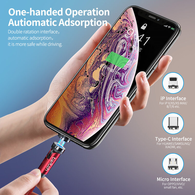 Twitch แม่เหล็ก3ใน1สำหรับ Huawei สำหรับ iPhone Micro Type C สาย3A โทรศัพท์สายชาร์จ USB 540หมุนสายไฟ