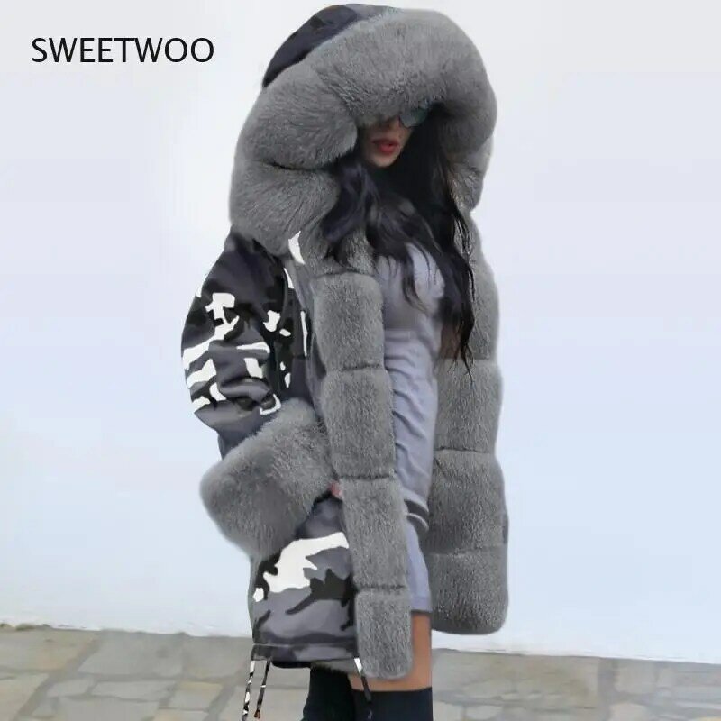 Женская парка, теплое длинное камуфляжное пальто с капюшоном, однотонное зимнее плюшевое пальто с меховым воротником, Женское пальто из искусственного меха