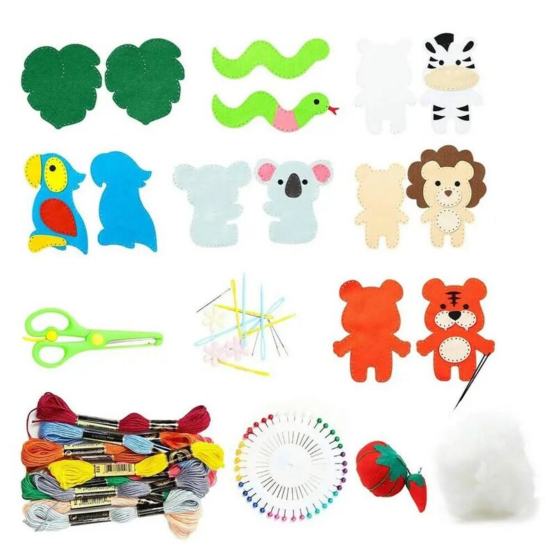 Kit de manualidades de animales de la selva, animales de peluche de fieltro de costura DIY, juguetes para niños principiantes, juguete educativo de aprendizaje de costura, regalo