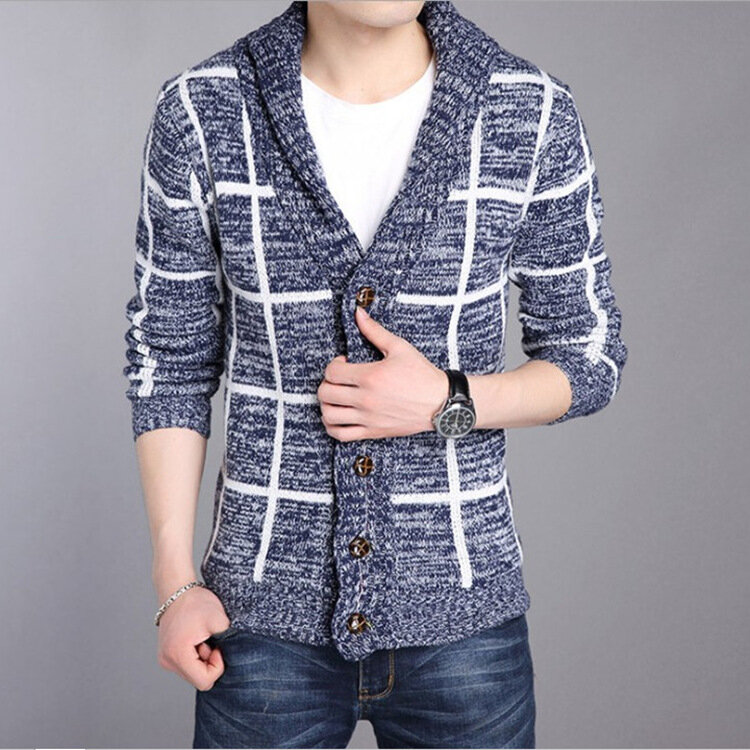 Suéter de estilo coreano para hombre, Jersey ajustado a cuadros de manga larga con cuello plegable, cárdigan de punto, nuevo, Otoño e Invierno