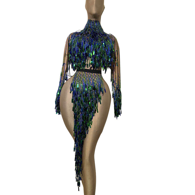 Sexy Tassel Sequins Dancer Stage Top + Skirt Party Women Backless High Slit Singer Outfit Set Club Showgirl Performance Costumes