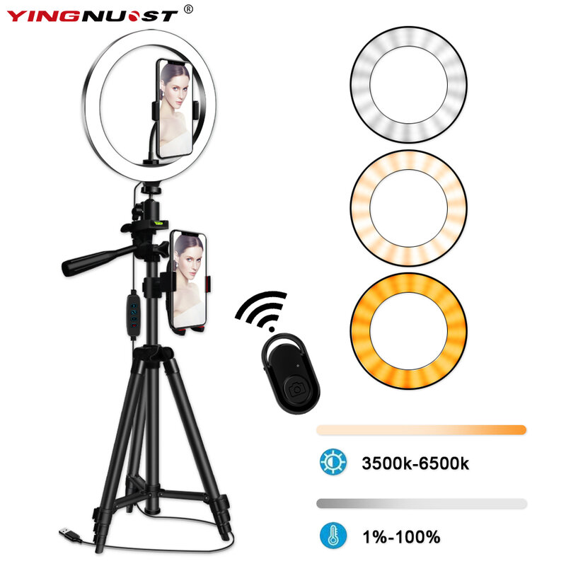Anillo de luz LED para equipo de fotografía de teléfono móvil, lámpara circulara para selfie, con soporte para teléfono móvil, con kit de trípode en color negro y plateado