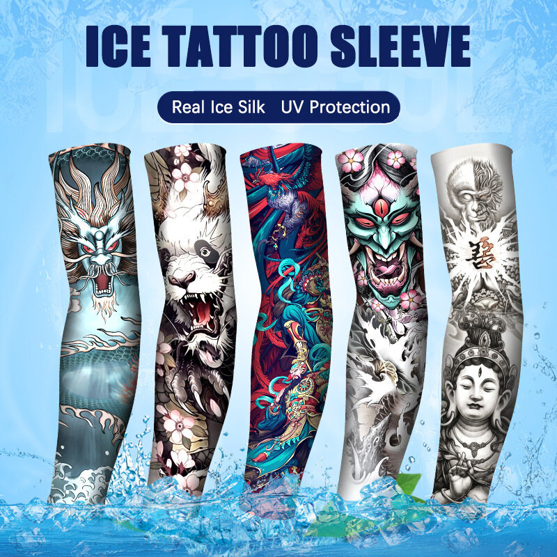 Luva tatuagem de manga longa, proteção solar, seda, gelo, esportes ao ar livre, ciclismo, dirigir, pesca, aquecedor feminino, braço