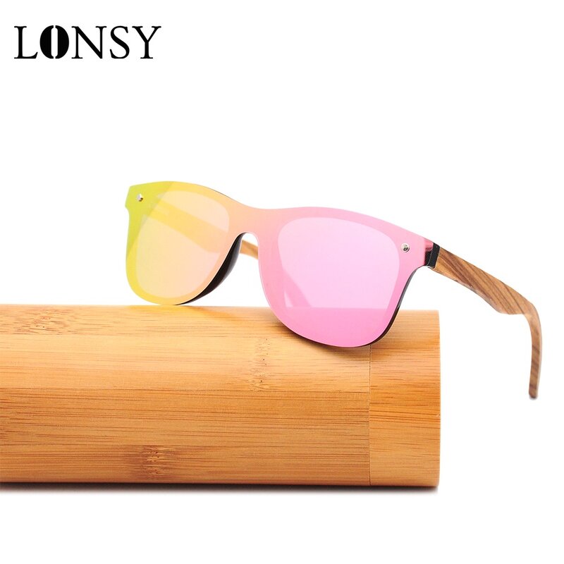 Lonsy óculos de sol polarizado de madeira, masculino e feminino, de bambu, espelhado, uv400