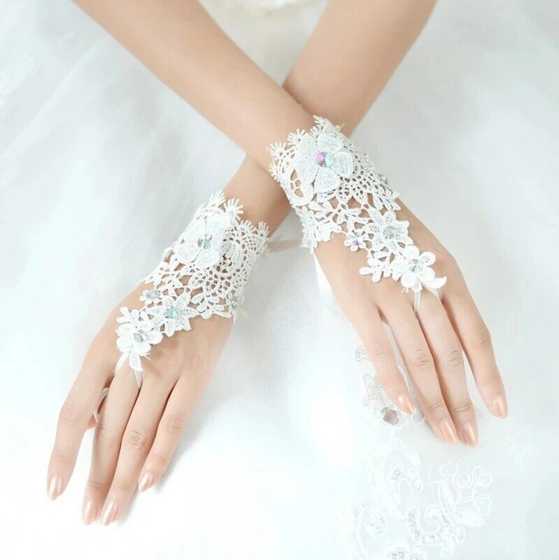 Sarung tangan pernikahan renda pendek wanita, Aksesori hadiah pesta pengantin panjang pergelangan tangan tanpa jari