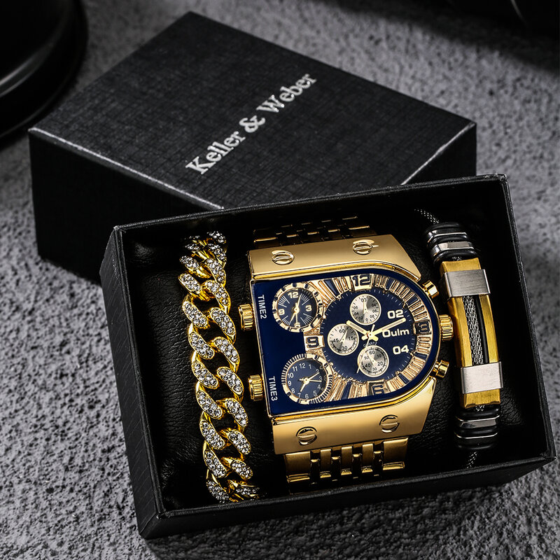 쿼츠 시계 팔찌 선물 상자 세트 남자 군사 큰 다이얼 손목 시계 럭셔리 골드 스테인레스 스틸 남성 시계 Montre Homme