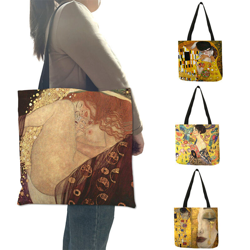 ส่วนบุคคลถุงช้อปปิ้งTotes Gustav Klimtภาพวาดน้ำตาพิมพ์ผู้หญิงไหล่กระเป๋าLadiseแฟชั่นกระเป๋าถือขนาดใหญ่ความจุ