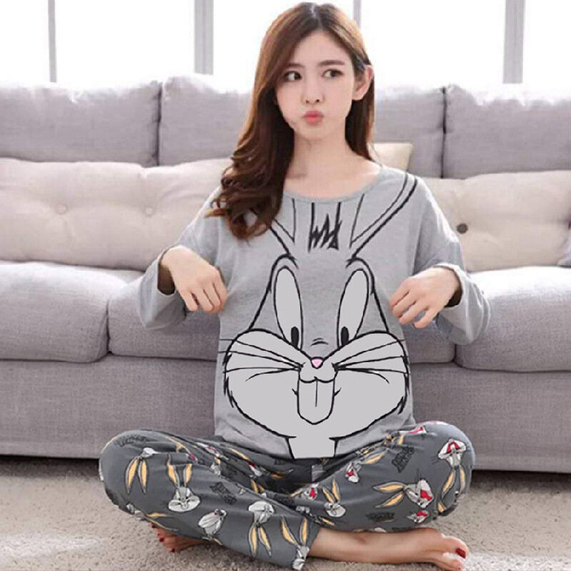 2020 New Autumn Winter 2pieces Pyjamas Set Women Girls Polyes Round Neck Pajamas Sets Teacup Cat Sleepwear Clothes Free Shipping