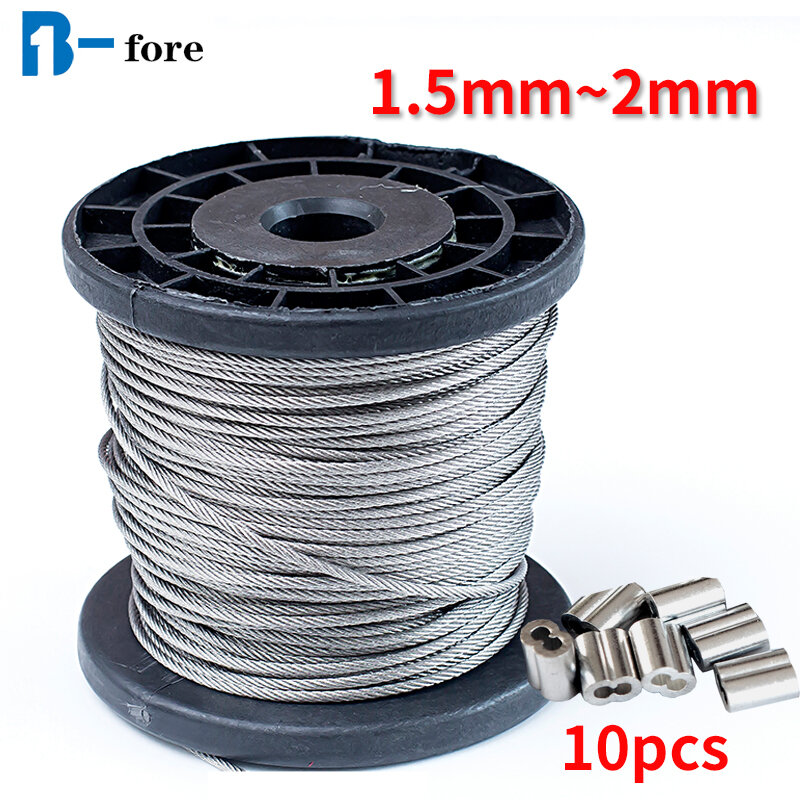 304 Stainless Steel Cable Wire Rope, áspero Pesca Levantamento Cabo, 50m, 100m, 1.5mm, 1.8mm, 2mm, 7X7 Estrutura
