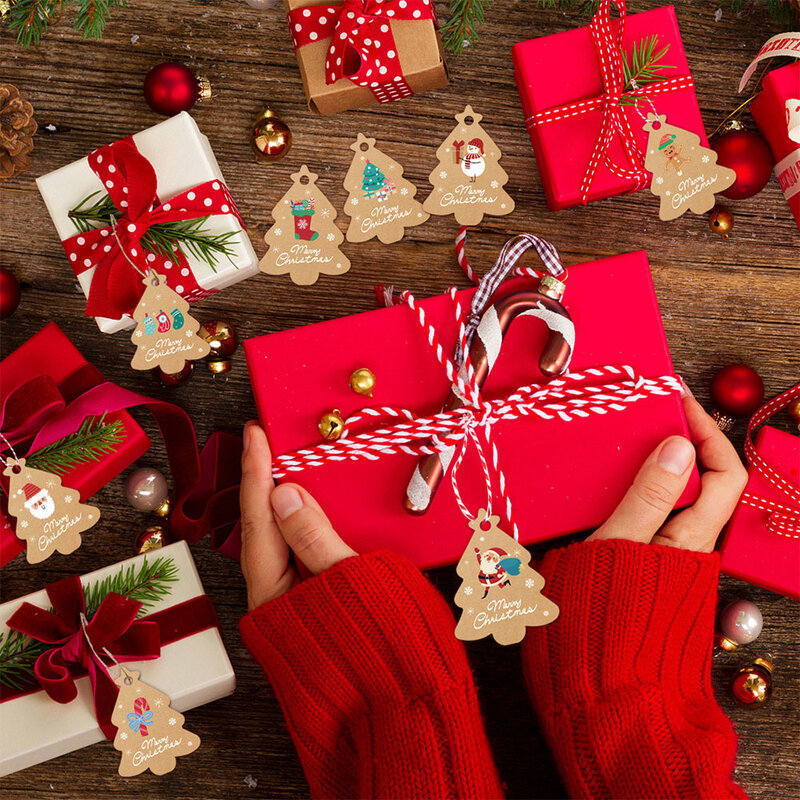 48 sztuk kształt choinki etykieta papierowa święty mikołaj/bałwan/ptak drukowane rzemiosło etykiety Navidad Noel pakowanie prezentów wystrój DIY dostaw