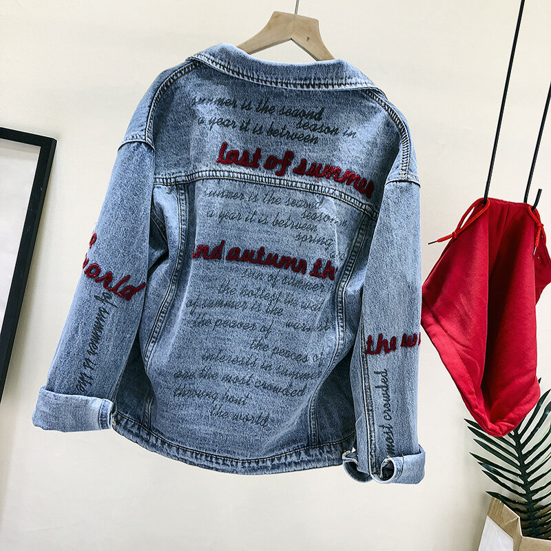 春秋のルースデニムジャケット女性高品質刺繍原宿フード付きジーンズコートchaquetas mujer veste enジーンズ