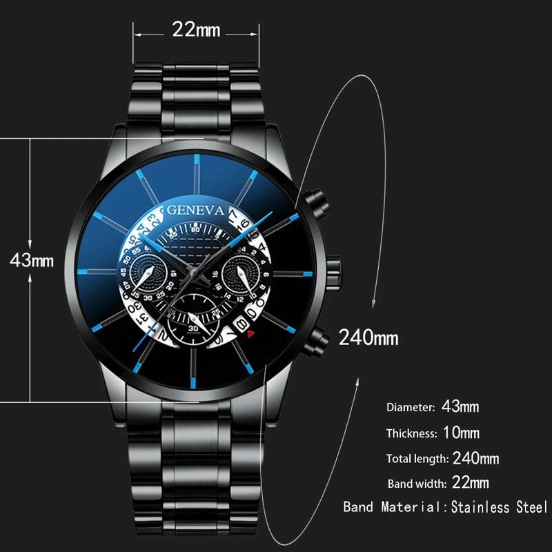 Geneva-Reloj analógico de acero inoxidable para Hombre, accesorio de pulsera de cuarzo resistente al agua con diseño clásico, complemento Masculino de marca de lujo disponible en color negro