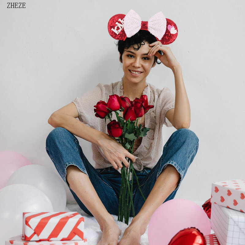 Diadema con orejas de ratón para Día de San Valentín, Diadema con lazo de lentejuelas de amor, accesorios para el cabello para Festival de niñas, regalo de fiesta para mujeres 2023