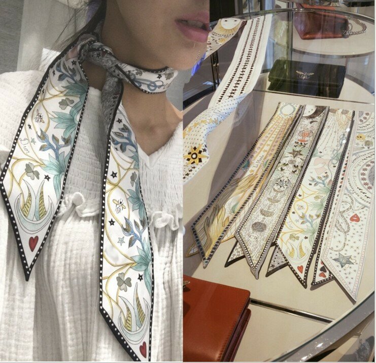 KMS Tarot serie de doble cara de impresión de sarga de seda atada bolsa de mano de seda bufanda delgada estrecha pequeña pañuelo con lazo mujeres