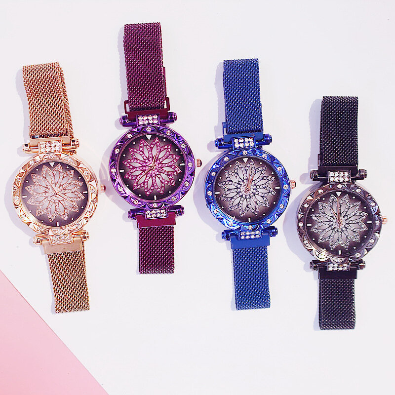 Kobiety Mesh klamra magnetyczna Lucky Flower zegarki + zestaw bransoletek luksusowe damskie kryształ górski zegarek kwarcowy Starry sky Relogio Feminino
