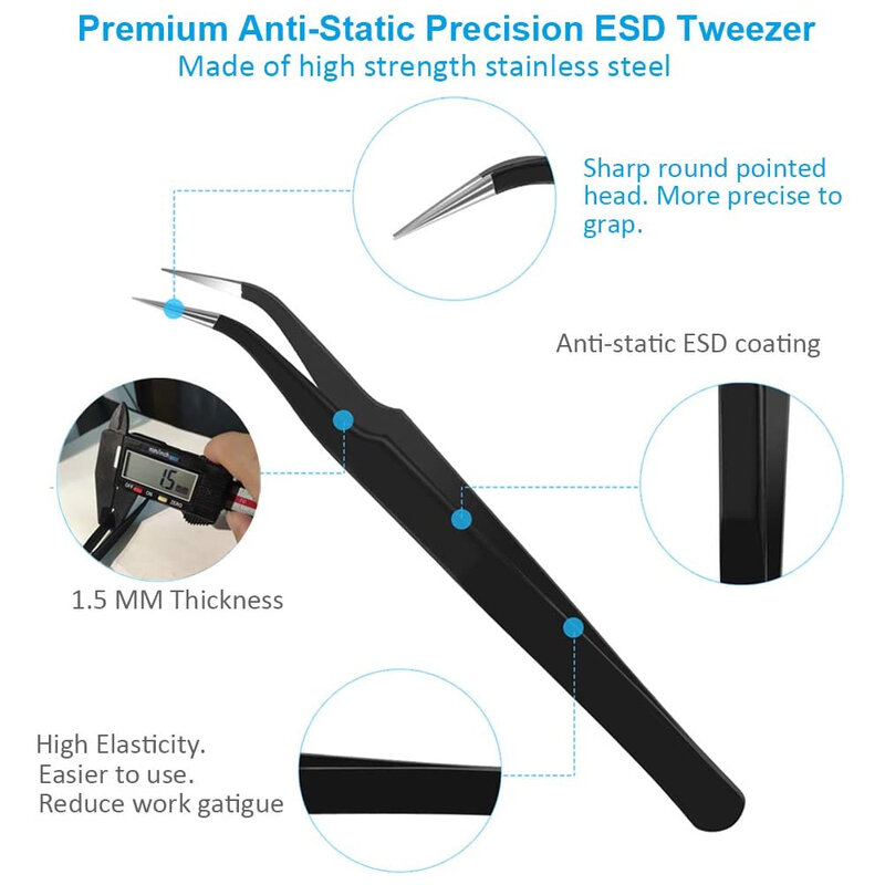 1pcs Anti-static Precision Stainless Steel Black Curved Straight Eyebrow Tweezers For Decor Eyelash DIY Nail Art Picking Tools