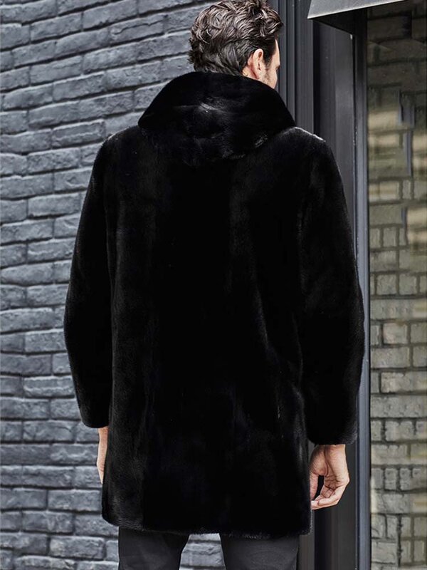 Casaco de pele de vison preto importado, jaqueta de couro com capuz, casaco longo para homens, sobretudo de inverno quente