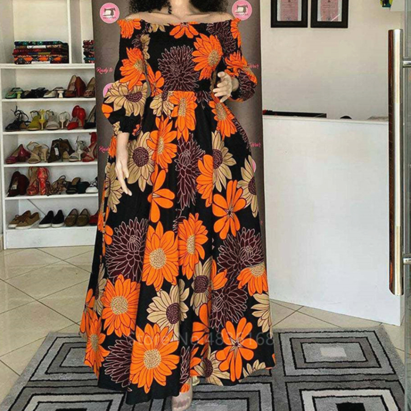 African National Print Party Dress Women Casual Sexy Slash-neck Lady Maxi Dress New Vintage Long-sleeved Loose Elegant Dresses