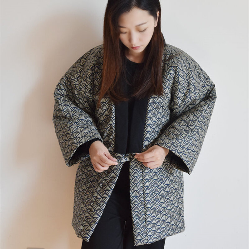 Zima kobiety Kimono Haori gruba ciepła kurtka podszyta bawełną jesień dorywczo ubrania domowe kobiece jednolity kolor luźny płaszcz M2117