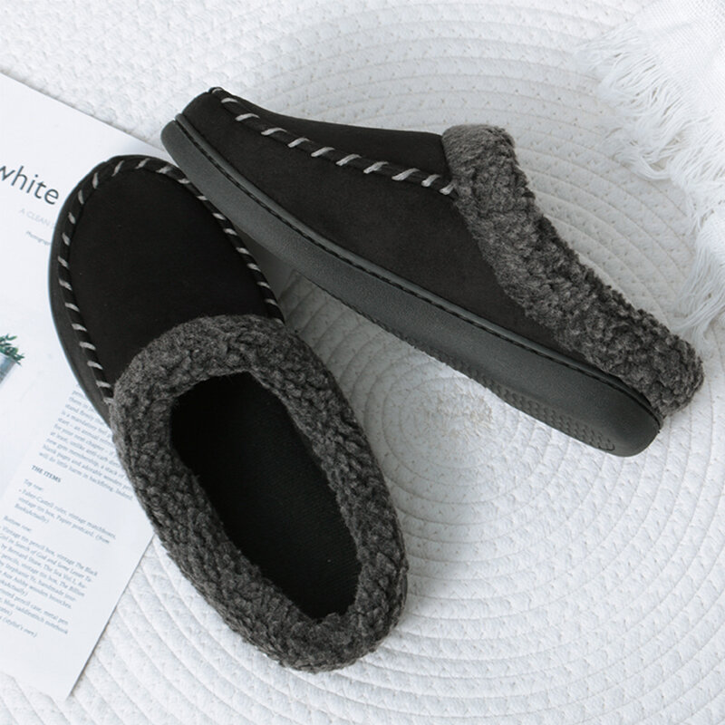 Sandal Hangat Musim Dingin Pria Sandal Bulu Sandal Lembut Pria Sepatu Katun Anti-selip Sandal Kasual Rumah Dalam Ruangan Warna Solid Ukuran 49 50