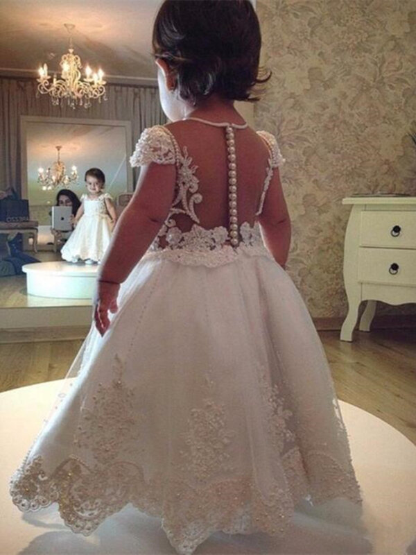 Gaun Pesta Bordiran Renda Manik-manik Panjang Gading Putih Buatan Khusus Gaun Gadis Bunga untuk Pernikahan Ikatan Simpul Komuni Pertama