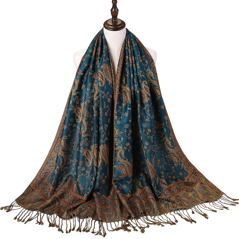 Pashmina-bufanda de seda para mujer, chal de cachemira, Jacquard, flores, bordes, Rave, 2 capas, borlas clásicas reversibles, 70x180cm, 200g
