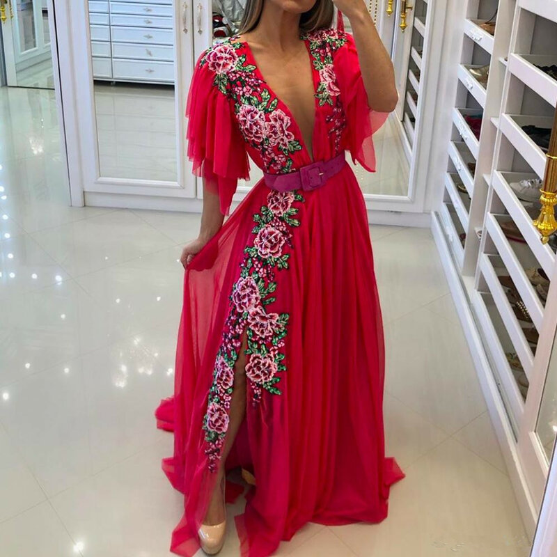 Embroidery Prom Dresses 2020 Deep v-Neck Lace Beading Side Slit Red Evening Gowns Formal gown Abendkeider prom dress