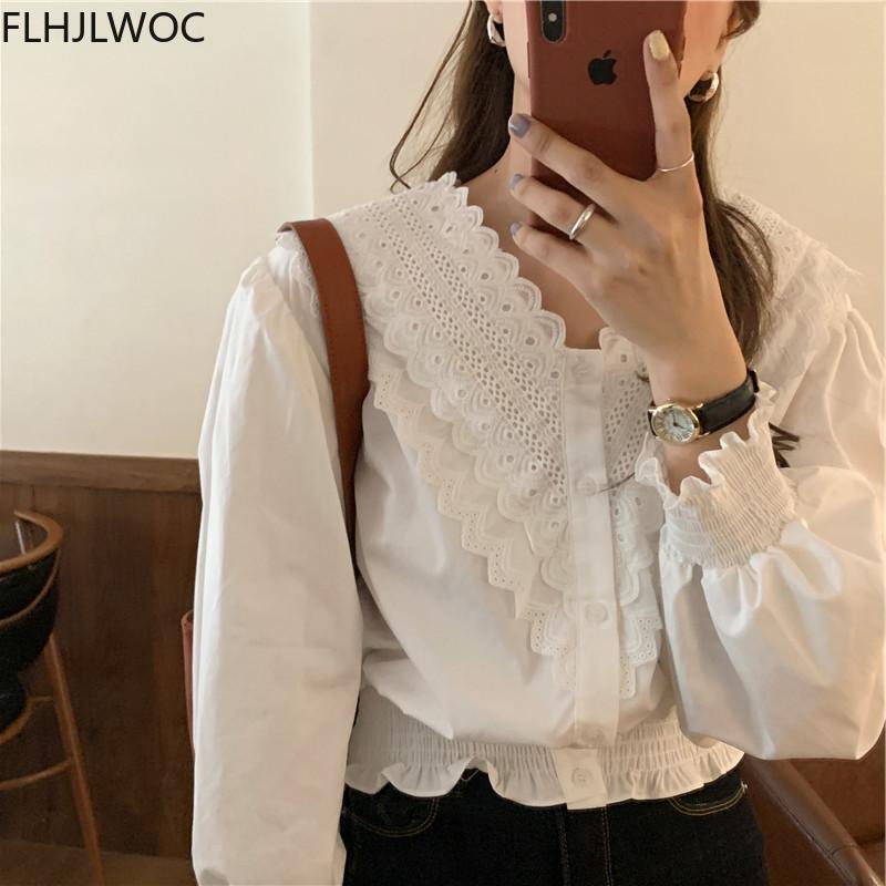 2021 Lente Vrouwen Mode V-hals Preppy Stijl Meisjes Solid Hollow Out Lace Casual Losse Tops Enkele Breasted Knop Wit shirt
