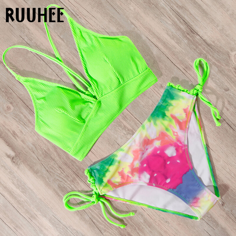 Ruuhee tie dye bikini 2020 maiô push up banho feminino conjunto de biquíni rendas até sem costas feminino sexy biquini cintura alta biquíni