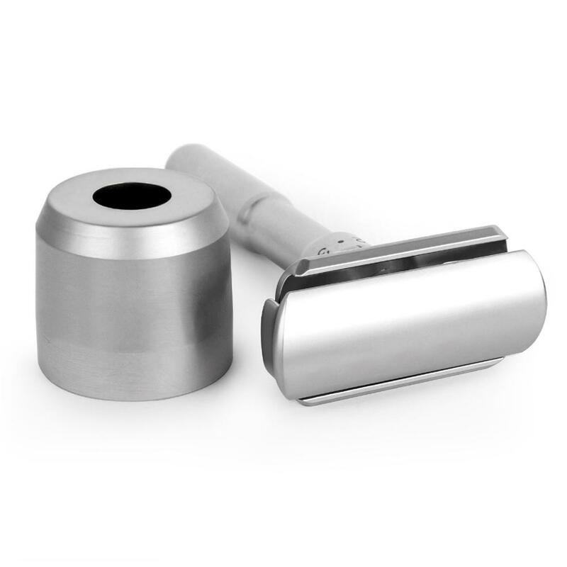 QSHAVE soporte individual para maquinilla de afeitar, Base de aleación de aluminio cepillado, soporte de seguridad ajustable (maquinilla de afeitar no incluida)