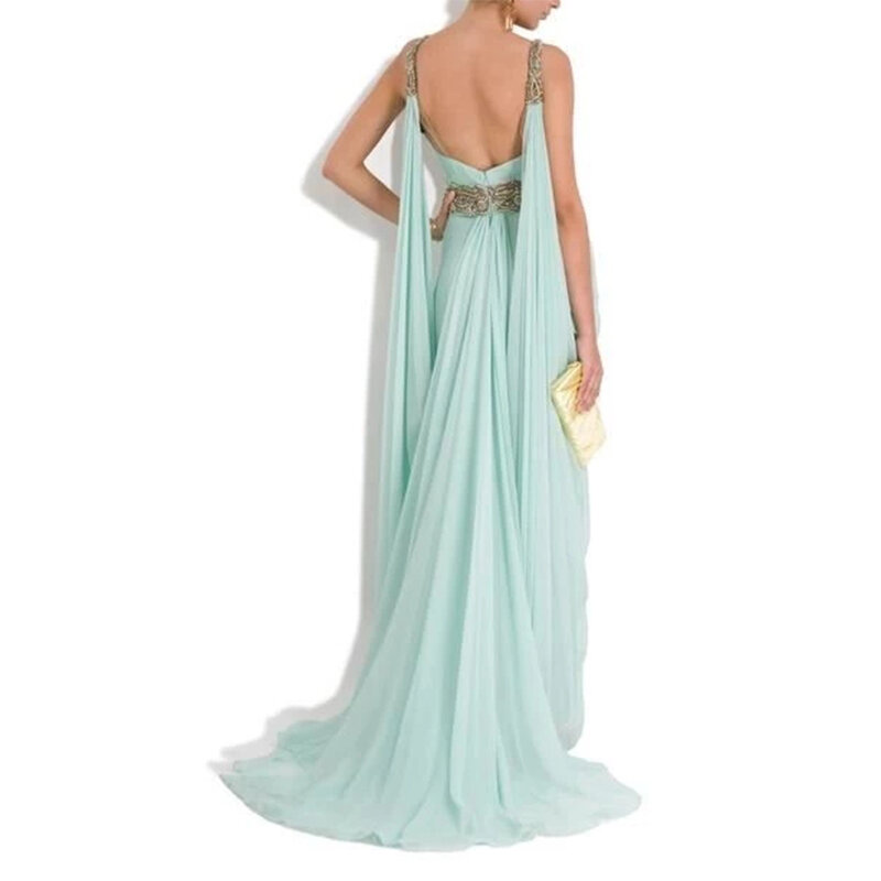 Vestido largo de gasa con cuello en V y cuentas para mujer, traje de fiesta de estilo griego, color azul claro, línea A, elegante, 2023