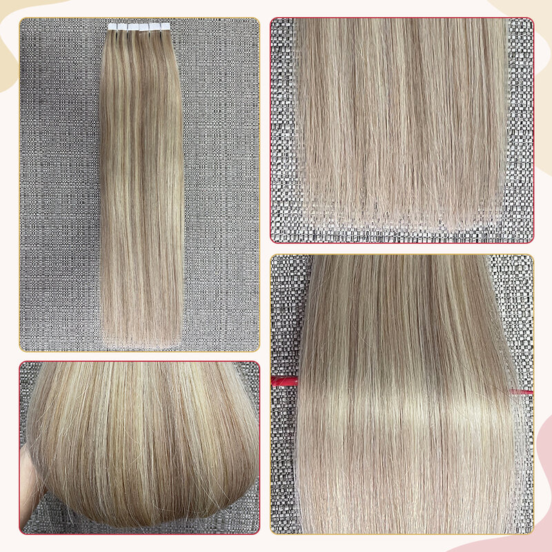 Moresoo Human Hair Extensions Tape in Remy Ash Blonde Highlight Hair Silky Straight Hair Extensions 100% Real Tape in Human Hair